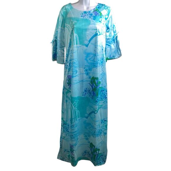 Vintage Otaheite Honolulu Women's Blue Aqua Hawaiian Maxi Dress Size 8 Aloha